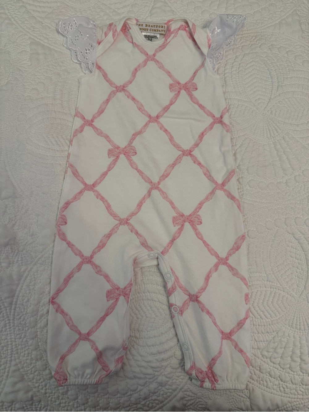 The Beaufort Bonnet Company White Footie with Pink Bow Lattice